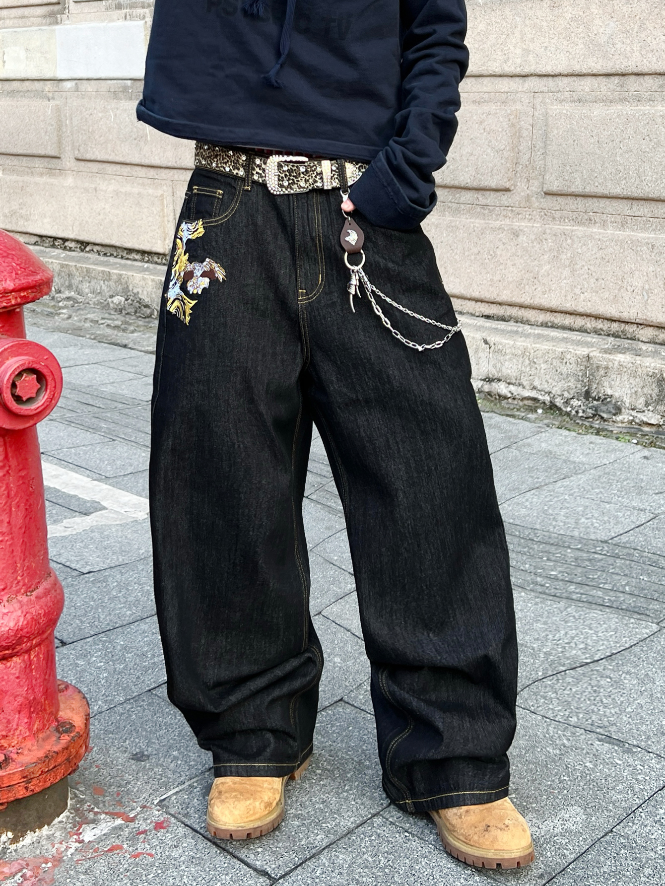 Jeans polyvalents noirs pour hommes, pantalons larges et amples, pantalons tendance brodés rétro Y2K pour hommes, adaptés à toutes les saisons, sans accessoires