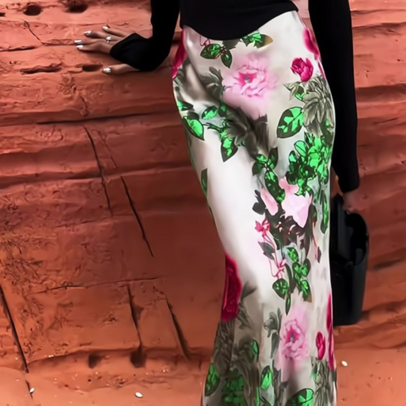Mn-Jupe Longue en Satin Vintage à Imprimé Floral pour Femme, Vêtement de Luxe, Chic, Élégant, Taille Haute, Slim, pour ix