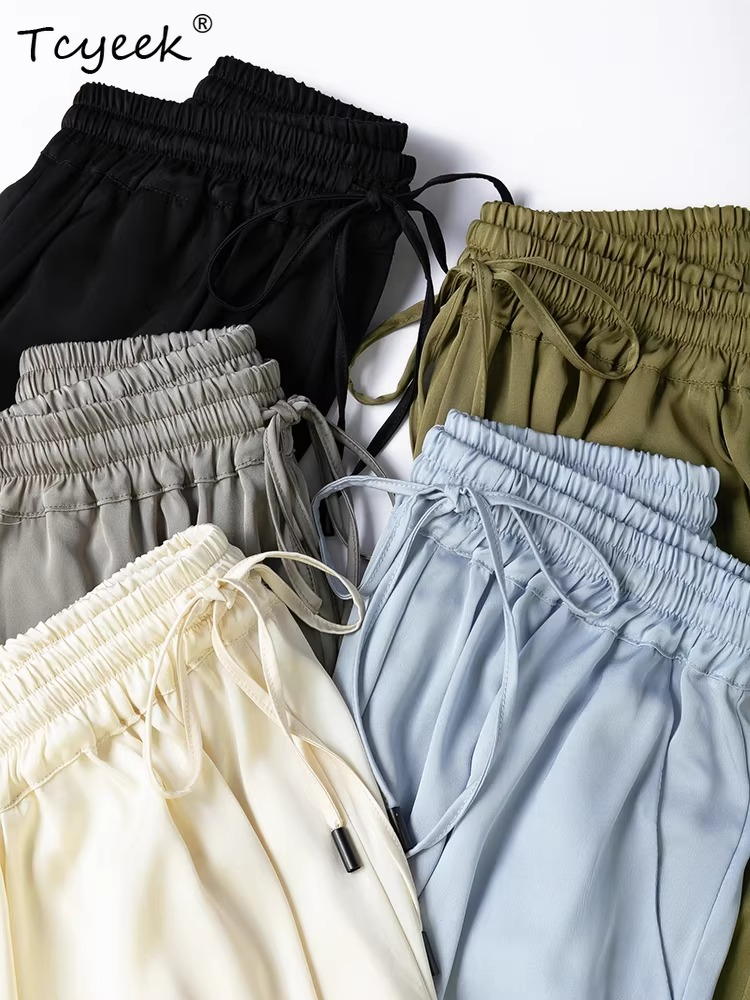 Pantalon en Soie de Mûrier Véritable à 93% Tcyeek pour Femme, Taille Élastique, Jambes Larges, Vêtement Décontracté, Collection 2026, Meilleure Vente