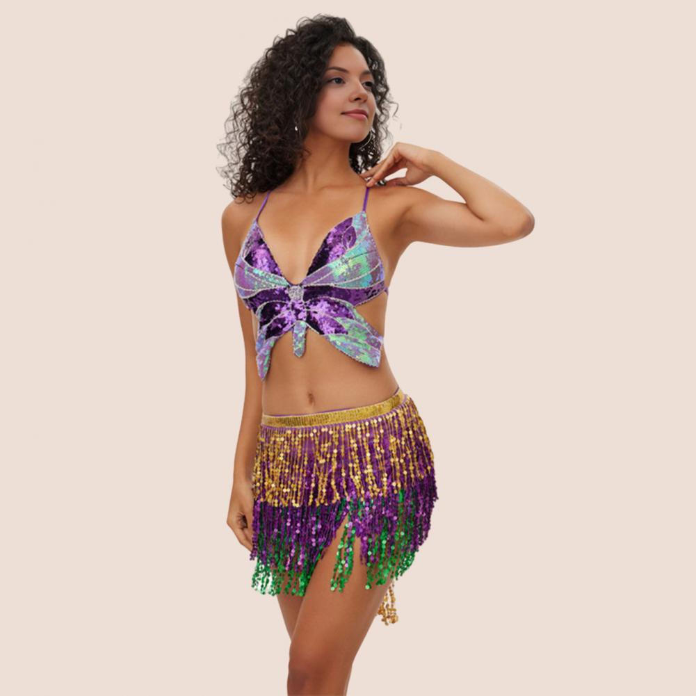 Jupe de danse orientale bohème à taille élastique, avec franges et sequins, pour performance de danse latine et hula en club ou soirée