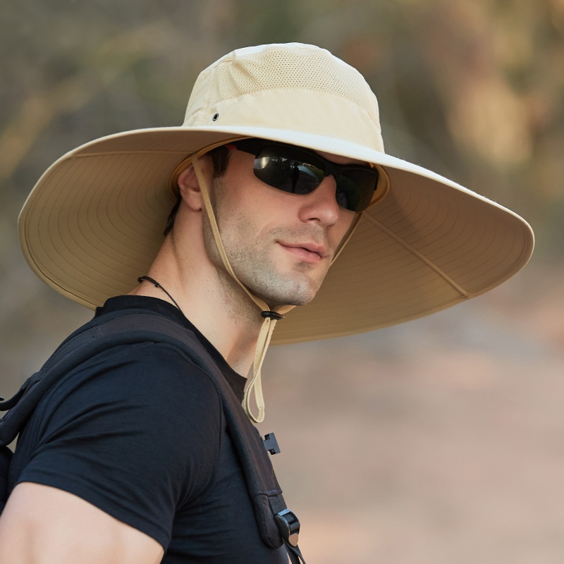 Chapeau de soleil pour homme à très large bord de 15 cm, UPF50+, pour grandes têtes (60-62 cm), imperméable, respirant, en maille, coupe-vent, avec sangle de menton, pour la pêche en extérieur