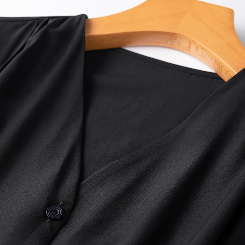 Chemisier en Soie pour Femme 100% Soie de Mûrier Crêpe de Soie Manches Courtes Couleur Noire Unie Taille Ajustée Haut Décontracté Blouse Été M1576