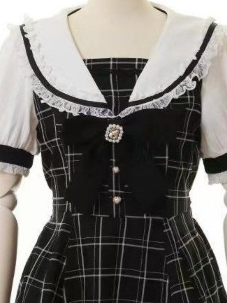 Robe japonaise faux deux pièces à carreaux pour femmes, en dentelle, Patchwork, fée Grunge, manches bouffantes, Y2k, esthétique JK, nœud doux