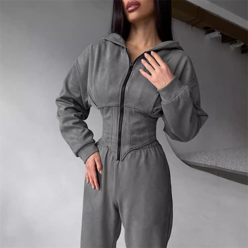 2025 sweat deux pièces costume femmes sport décontracté ensembles fermeture éclair à capuche tunique veste courte haut pantalon droit 2 pièces ensembles