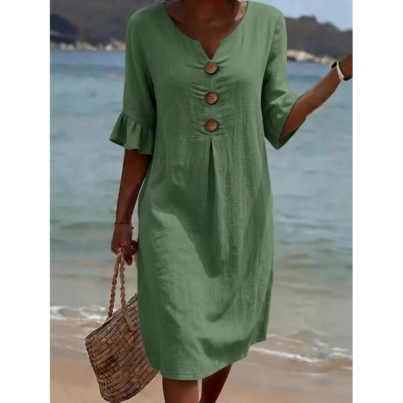 Robe en coton et lin à col en v pour femmes, nouveau style printemps-été, jupe mi-longue boutonnée sans manches, confortable, décontractée, à la mode