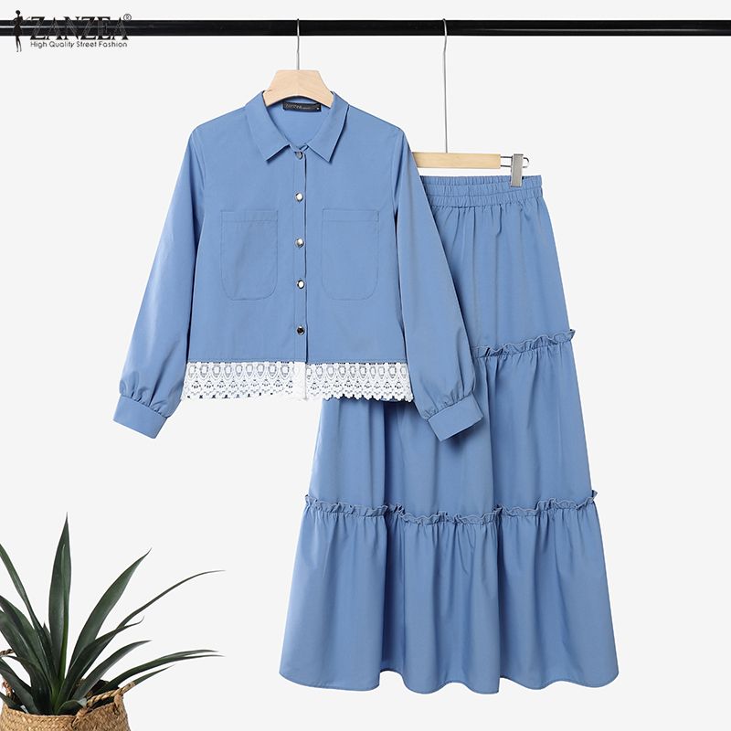 Ensembles 2 Pièces Musulmans pour Femmes Tenues d'Automne ZANZEA Col Revers Manches Longues Robe Chemise à Bordure Dentelle Ensembles Jupe Élégante Costume Ramadan
