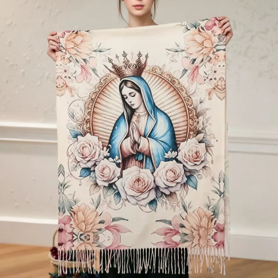 Écharpe imprimée personnalisée de la vierge marie de Guadalupe pour hommes et femmes, écharpe chaude d'hiver et d'automne, châle Saint catholique du mexique, avec pompons