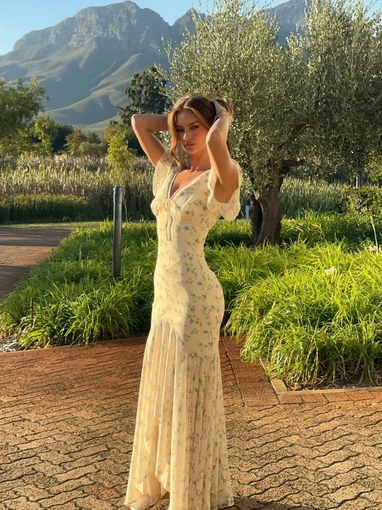 Robe longue élégante en mousseline imprimée pour femme, col en V chic, manches courtes, taille cintrée, robes ajustées, collection été 2026, robes de vacances pour femme
