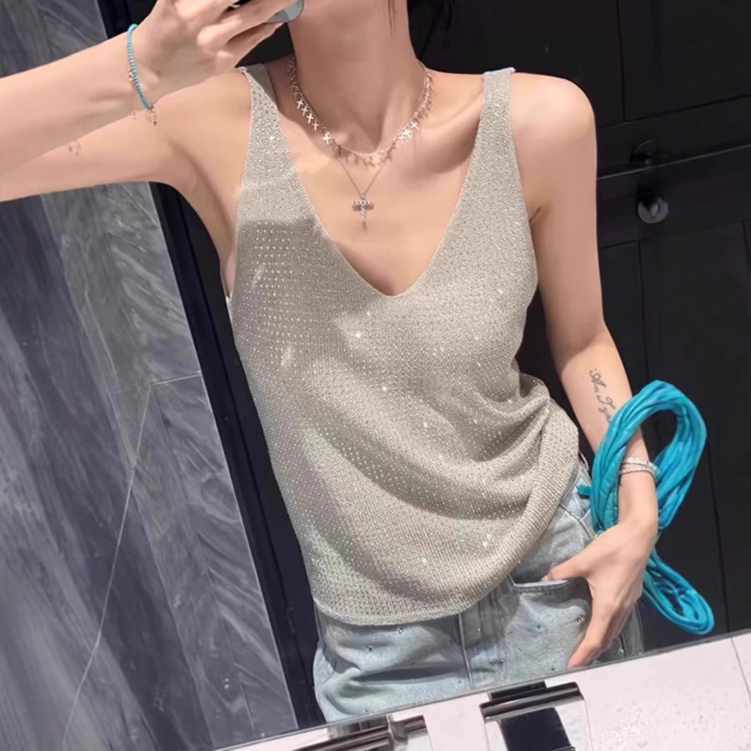 Nouveau débardeur tricoté élégant et décontracté pour femme, style urbain, coupe ajustée, à sequins, style Spice Girls, tendance