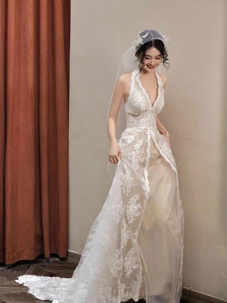 Robe de mariée légère en dentelle pour femmes, Robe de soirée, Banquet, fête d'anniversaire, Robe longue de luxe sans manches