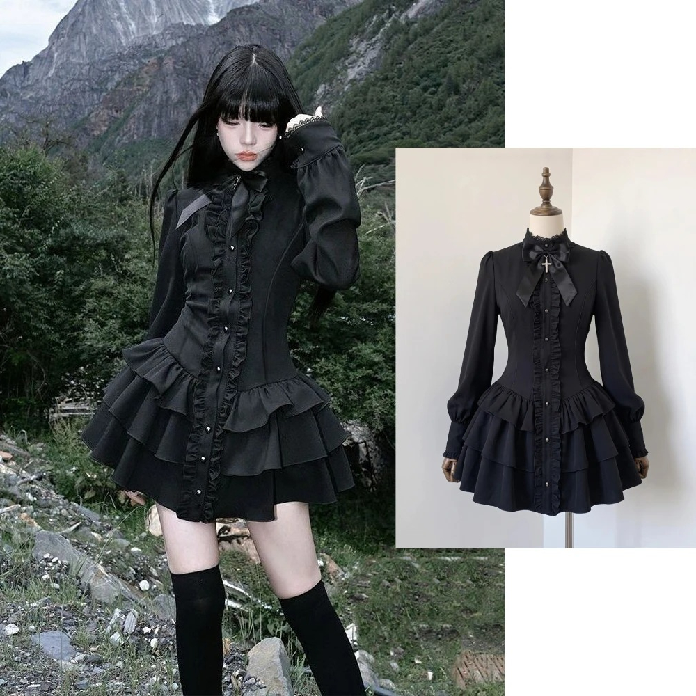 Robe Gothique Punk à Volants et Manches Évasées avec Nœud sur le Devant, Mini-Robe à Étages Style Gothique Vintage Américain Années 2000, Vêtement Décontracté Streetwear pour Femme 2026