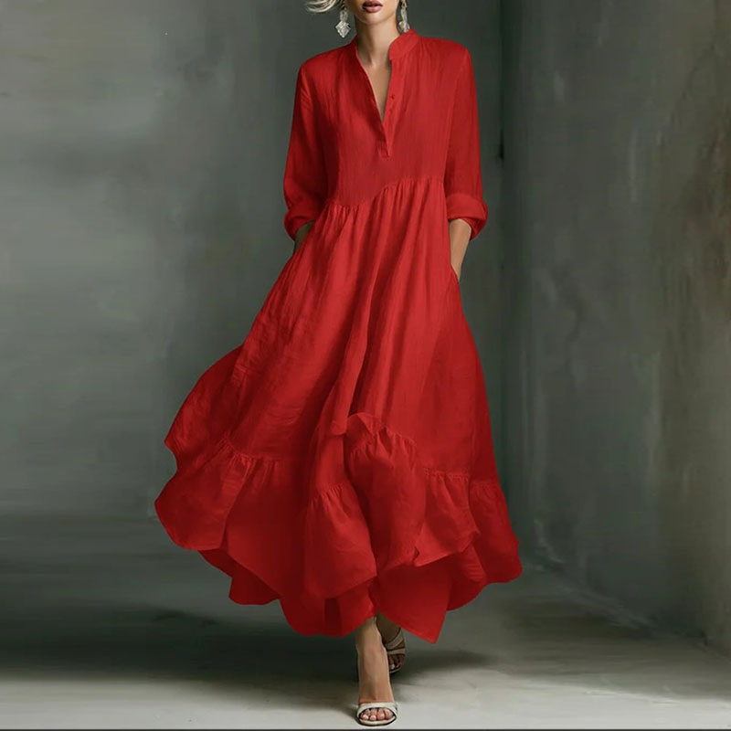 Robes décontractées pour femmes Printemps 2026 – Élégante robe longue trapèze à col en V et taille haute, style rétro uni, manches 3/4, ourlet à volants, robe maxi bohème