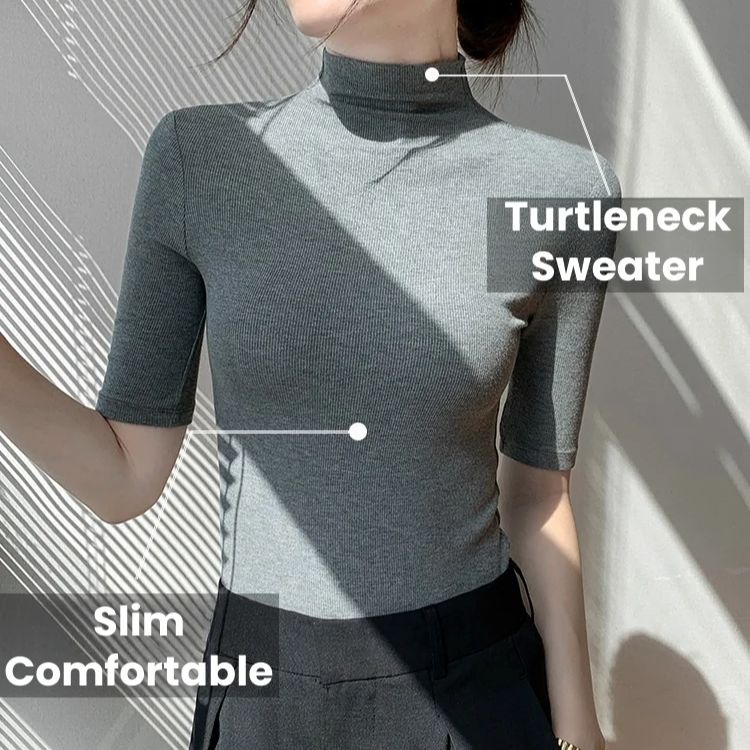 Pull à col roulé, chemisier, haut à manches courtes pour femme, manches moyennes, printemps, été, automne, coupe ajustée, noir, tricot doux à l'intérieur
