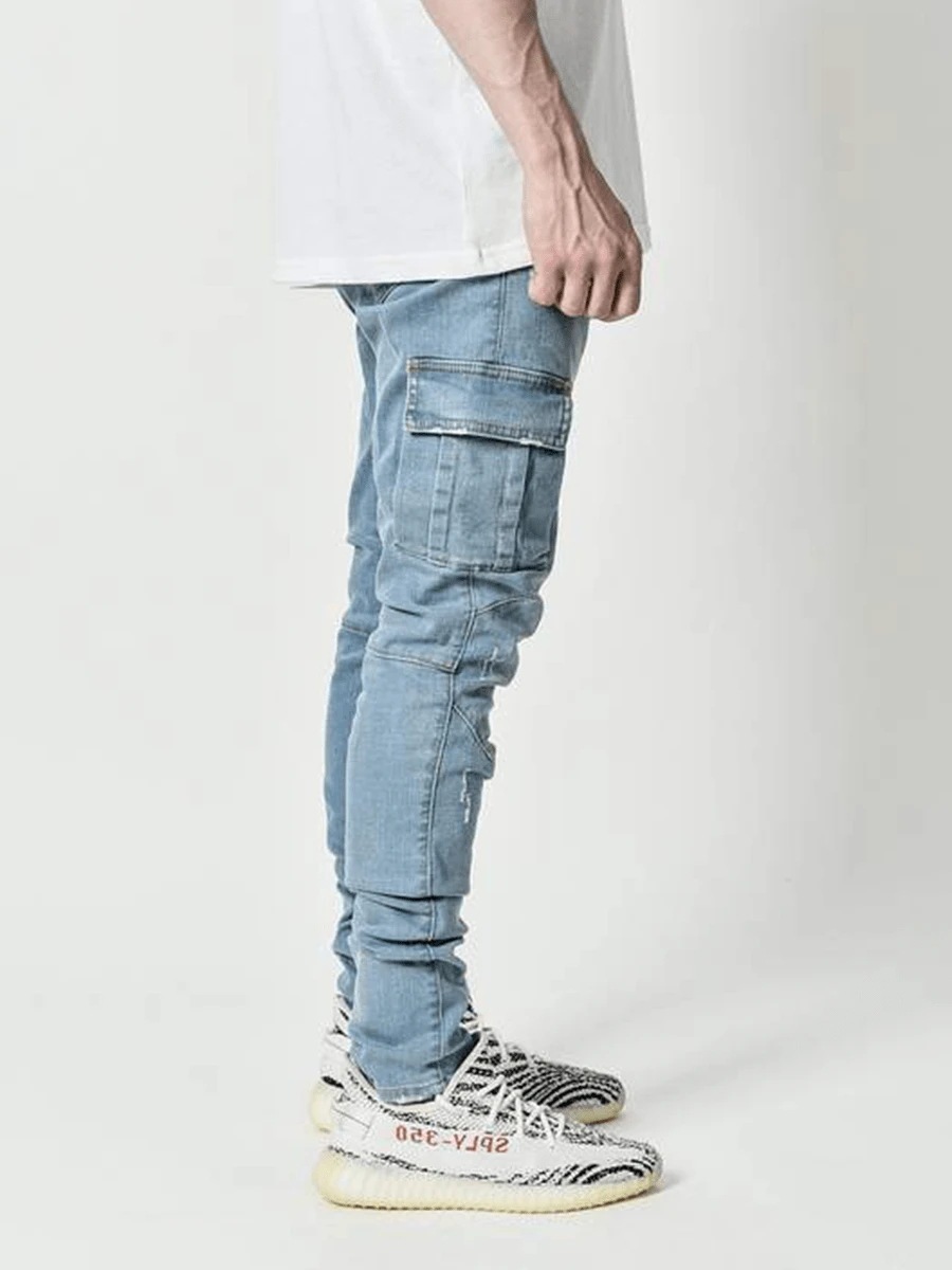 2025 nouveaux hommes rue élastique Denim marque jean jambes étroites Multi poches Cargo pantalon décontracté coupe ajustée usage quotidien Joggers taille moyenne