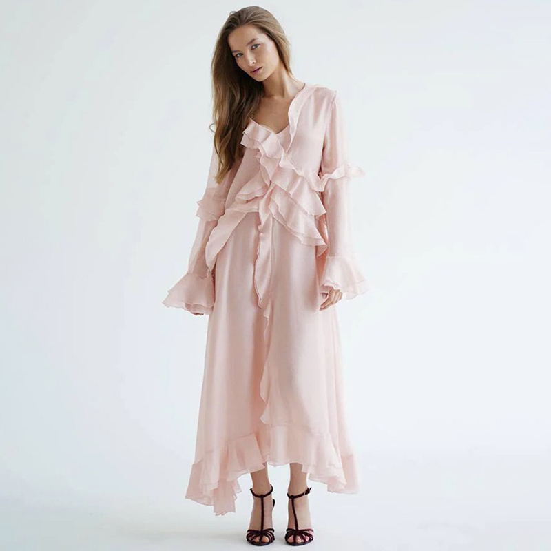 Typhaland – robe longue élégante à volants pour femmes, col en V irrégulier, manches longues, en maille, à la mode, pour vacances d'été, robe de soirée