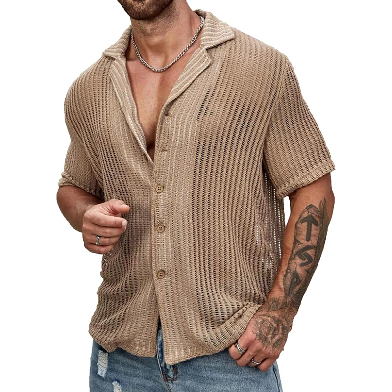 Streetwear mode tricots hommes chemise Sexy voir à travers hauts en tricot hommes été décontracté bouton revers à manches courtes évider chemise