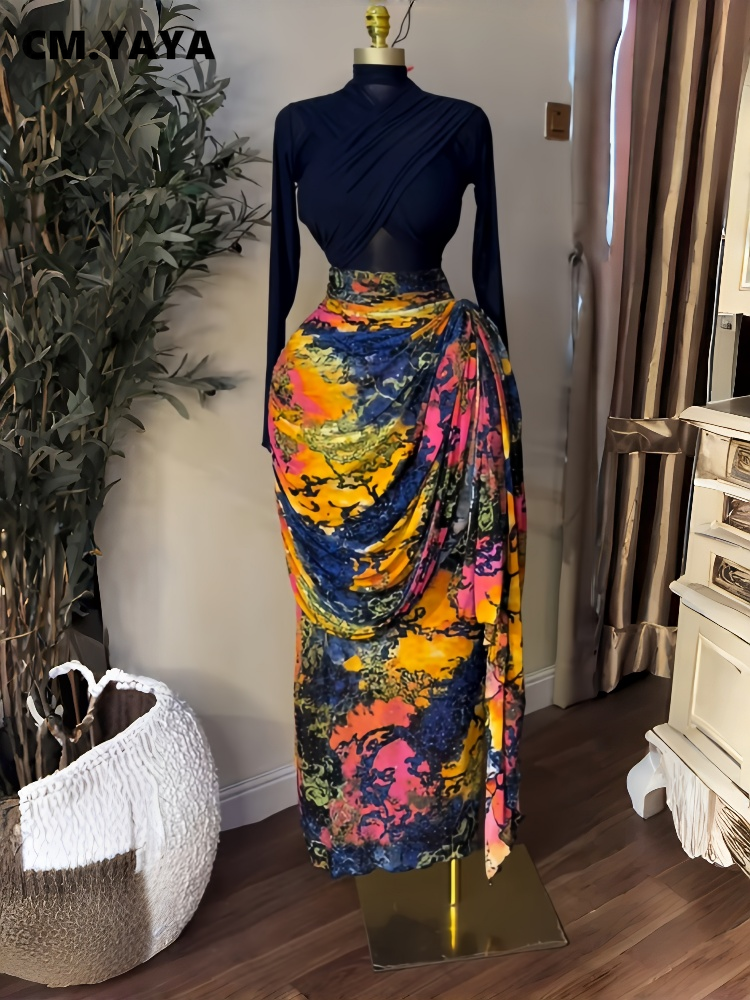 Ensemble de vêtements pour femmes CM.YAYA : hauts + jupe longue ou mini jupe moulante plissée à rubans, ensemble 2 pièces pour les vacances.