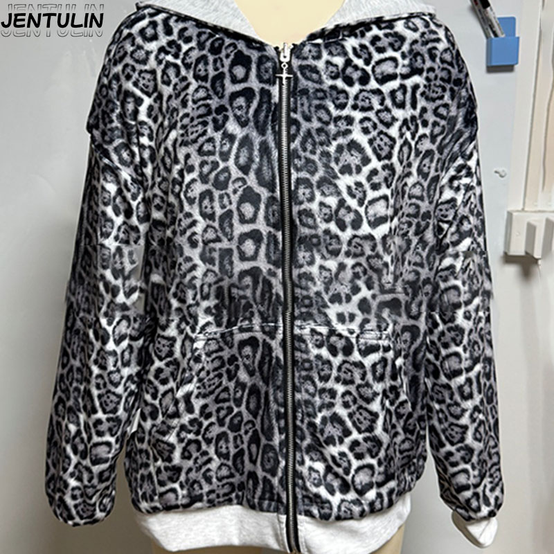 Hip Hop nouveau vêtement double face Harajuku rétro imprimé léopard à la mode ample sweat à capuche avec fermeture éclair hommes rue sweat-shirt décontracté femmes
