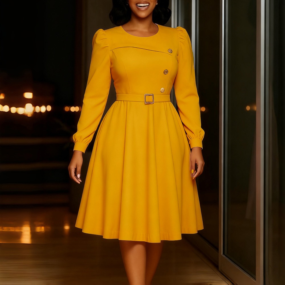 Église élégante femmes une ligne robes col rond manches longues bouffantes bouton taille ceinture taille haute plissée église bureau dame tenue de fête