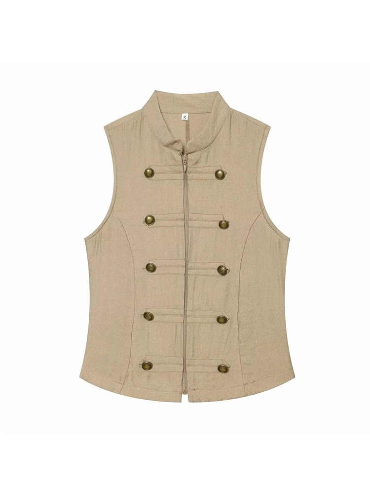 Blouse Chic Décontractée Vintage pour Femme, Col Rond, Double Boutonnage, Sans Manches, Tendance Été, Hauts de Vacances