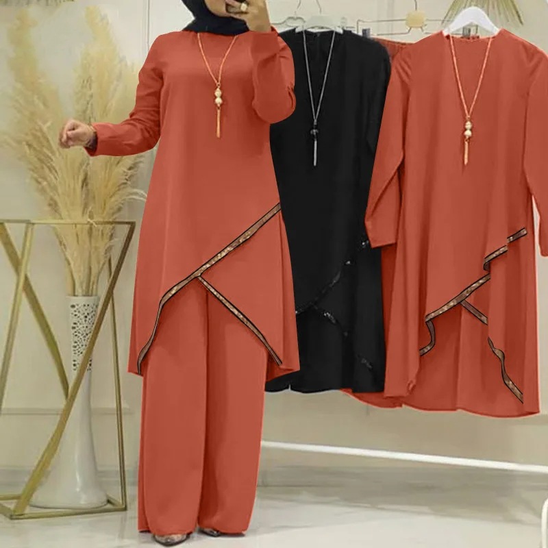 Ensemble musulman Eid pour femmes, chemisiers solides, pantalons à jambes larges, Ramadan marocain, deux pièces, Kaftan de dubaï, ample et modeste