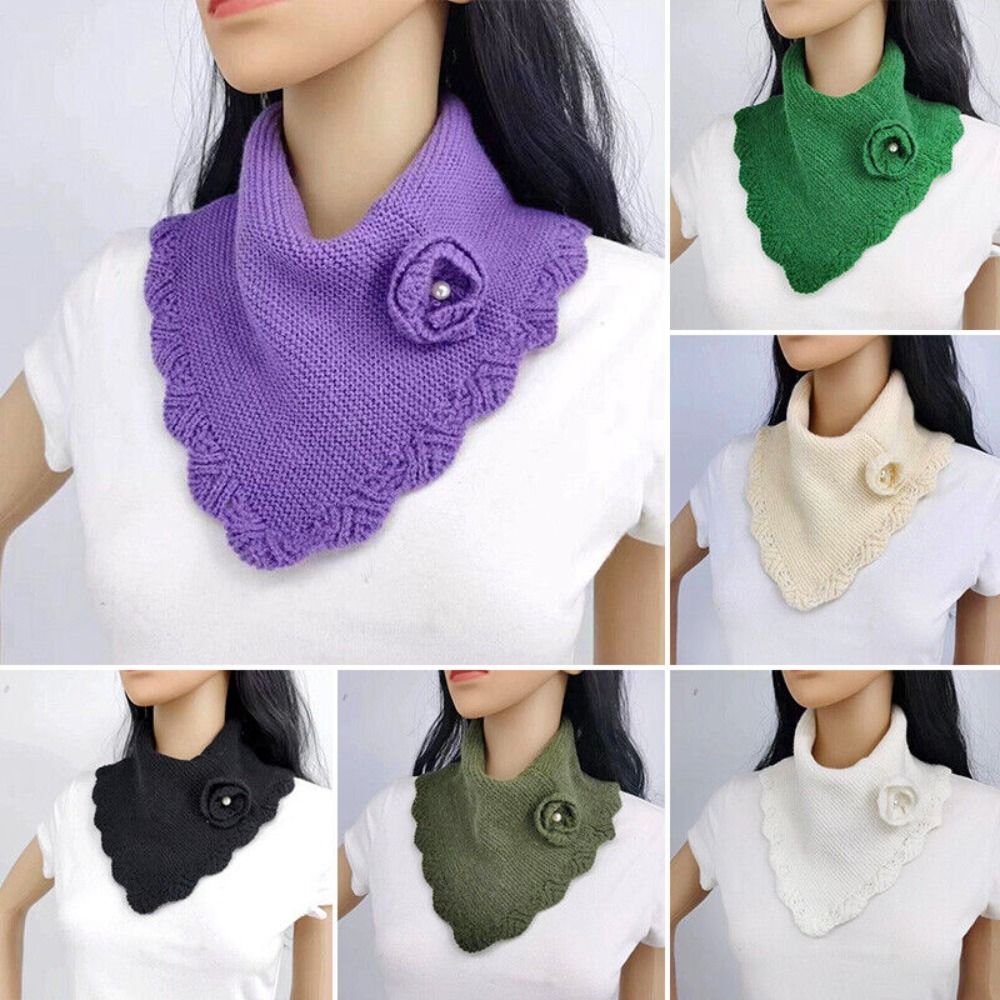 Écharpe Triangle en Tricot à Fleurs pour Femme, Foulard de la raq, Bord Ondulé, Faux Col, Poignées Amovibles, Coupe-Vent, Cache-Cou