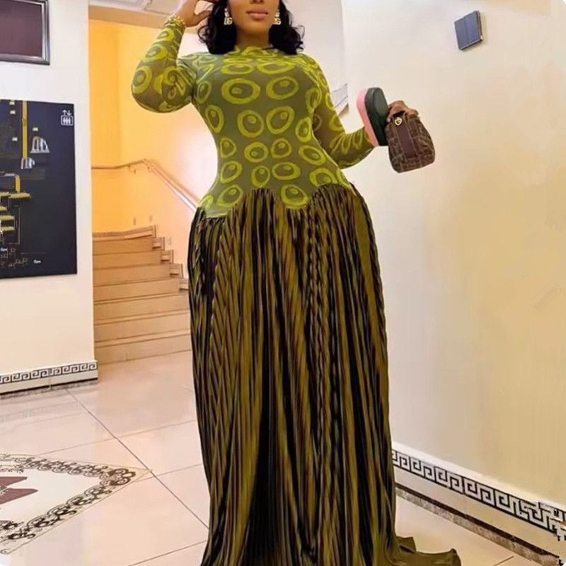 Nouvelle robe longue maxi plissée à manches longues et coupe évasée pour femme, imprimée, style africain, avec patchwork