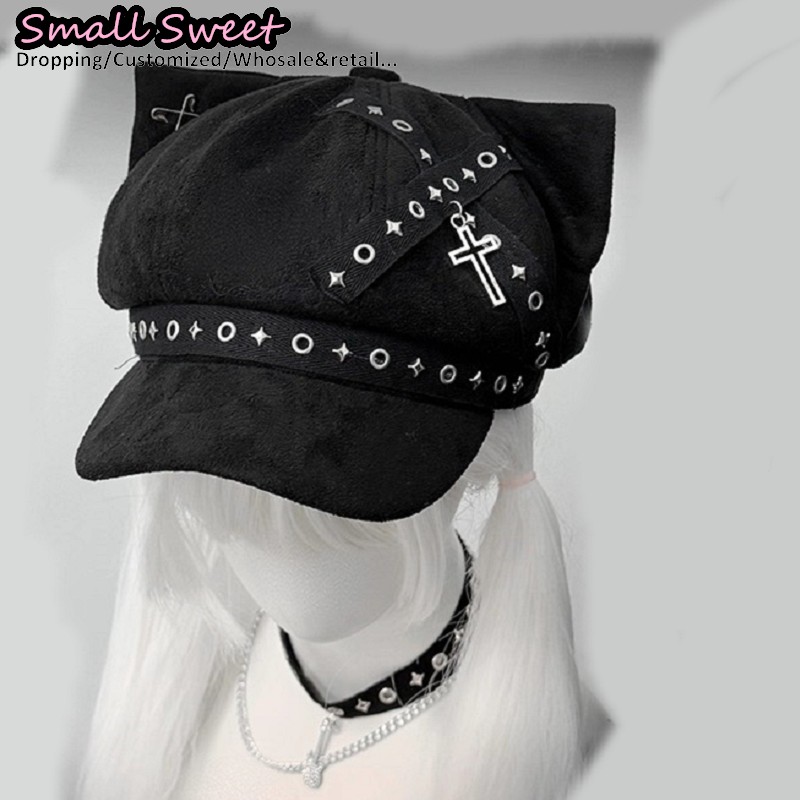 Béret gothique Lolita Steampunk oreilles de chat Y2k pour fille, casquette de Baseball à rivets, Punk sous-culturel foncé, croix, Streetwear, casquette octogonale