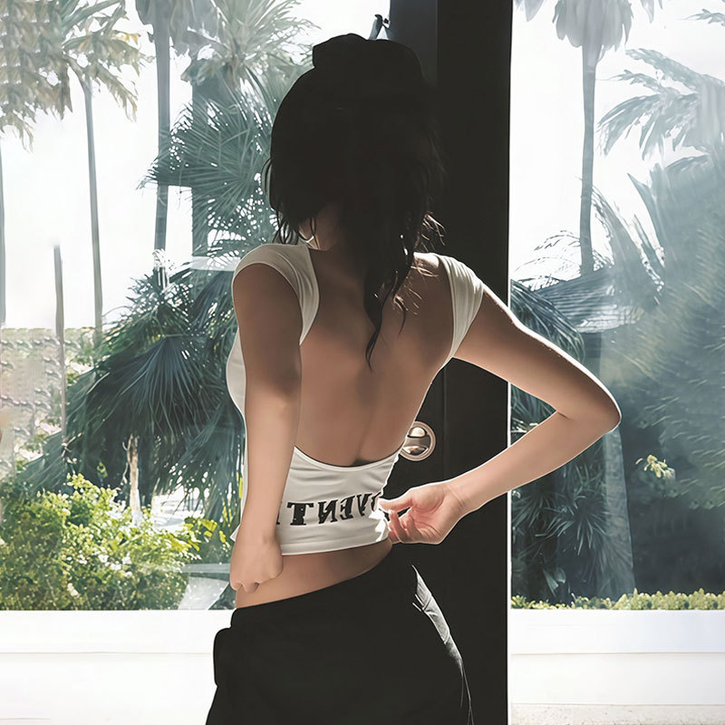 T-shirt court blanc américain à manches courtes pour femme, taille haute froncée, dos ouvert, collection été 2026