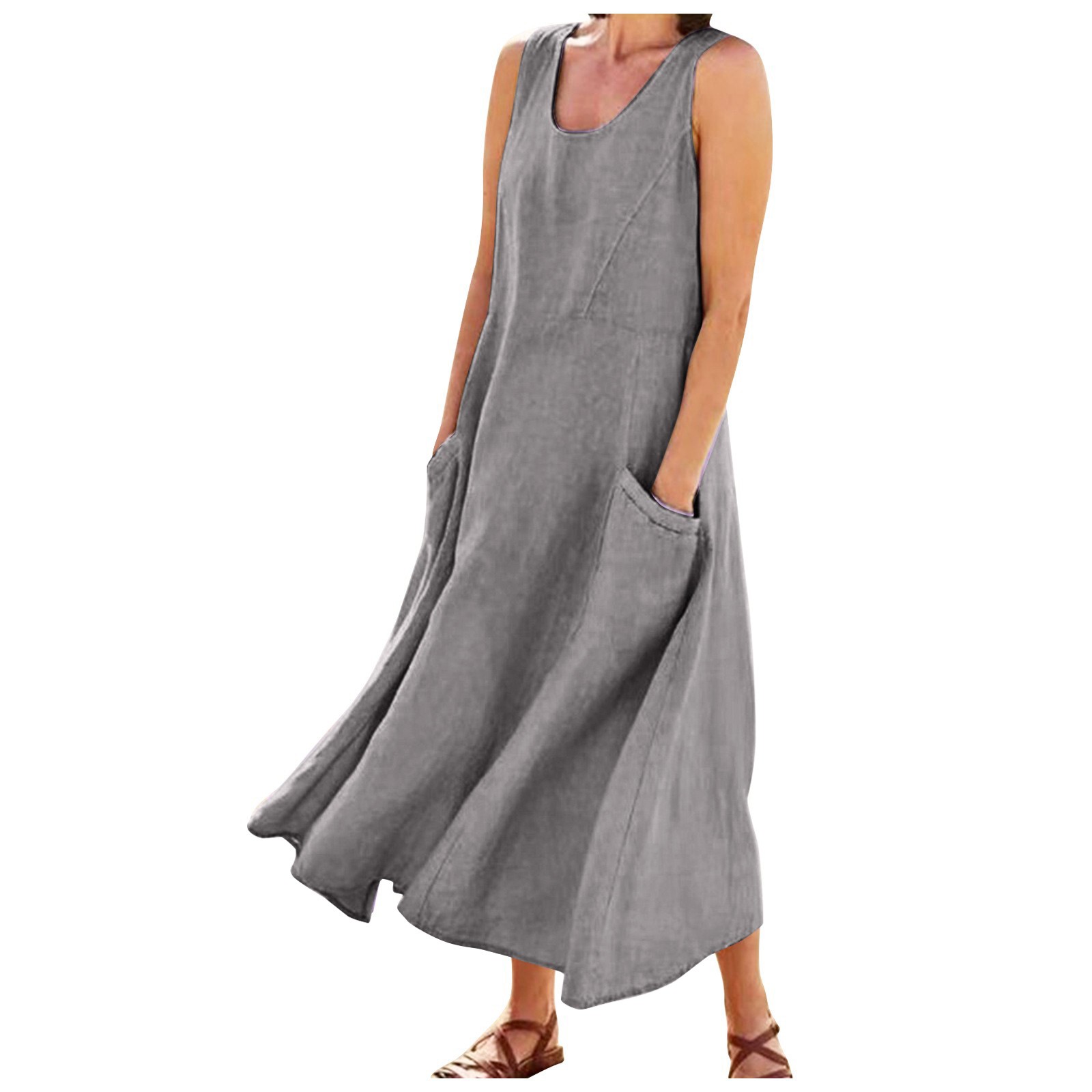 Robe longue vintage en coton et lin pour femme, tenue d'été solide, style bohème, avec poches, grande taille 5XL