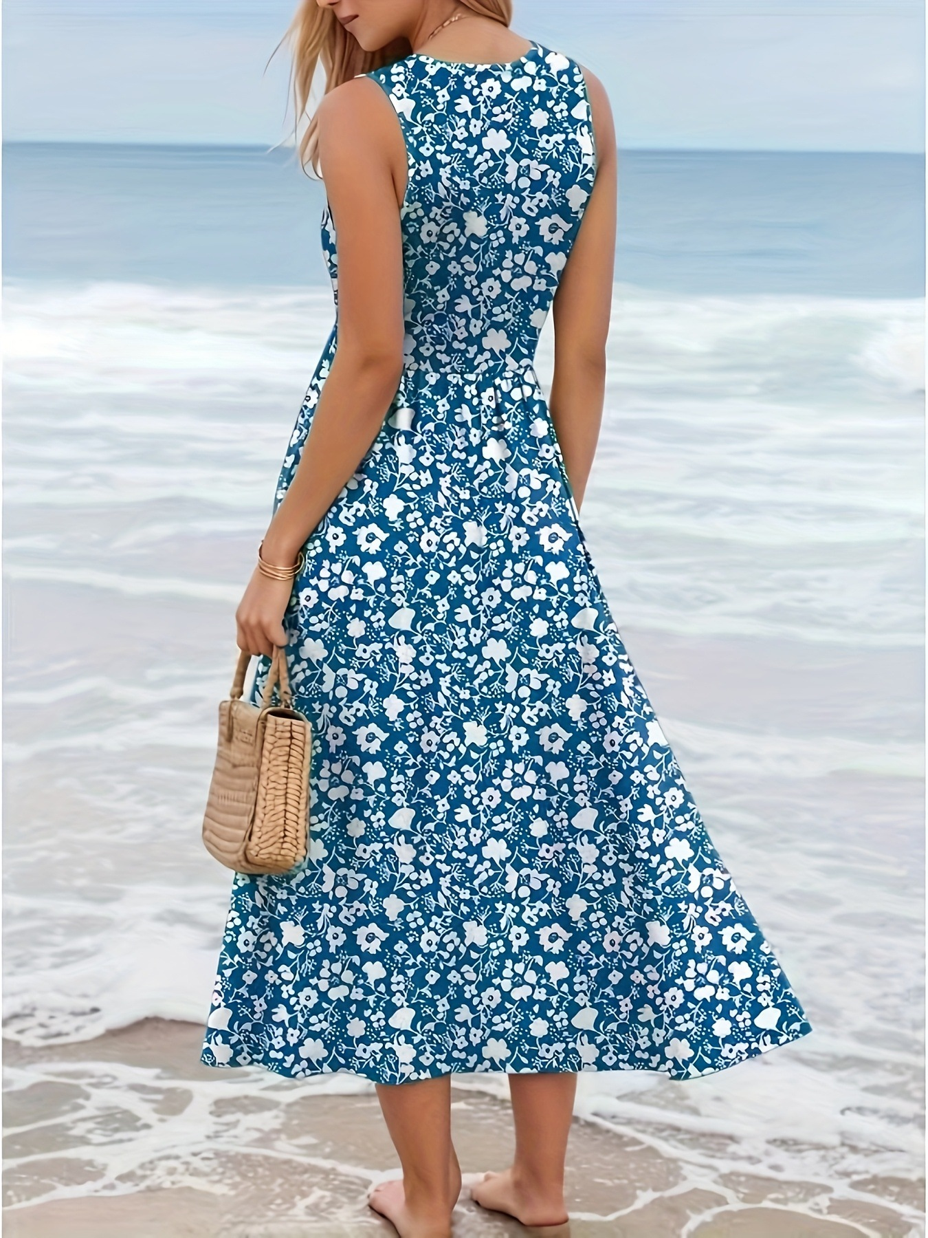 Robe longue d'été sans manches pour femme, col en U, imprimé floral bohème, fluide, décontractée, pour la plage et les vacances