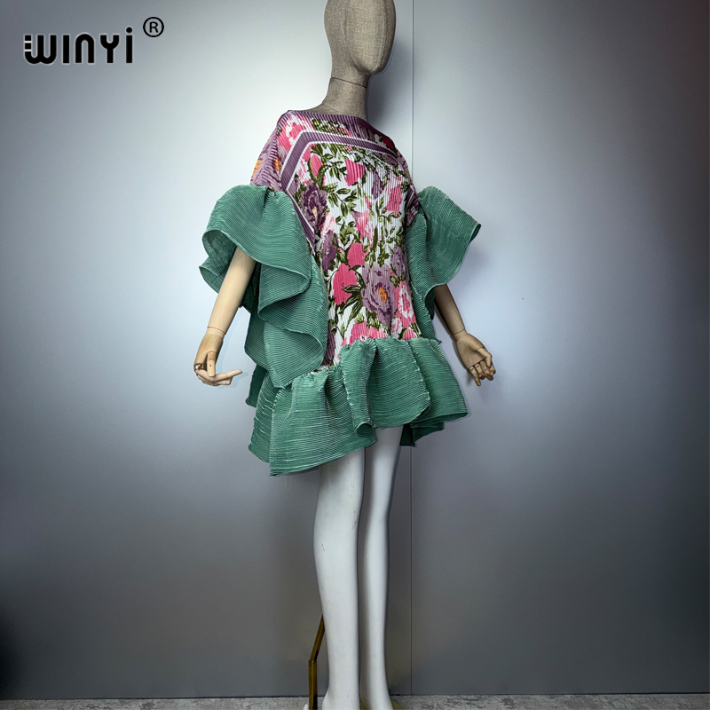 Robe courte plissée élastique décontractée WINYI pour femme, paréo de plage, caftan, abaya, tenue de soirée de luxe Dubaï, mode musulmane