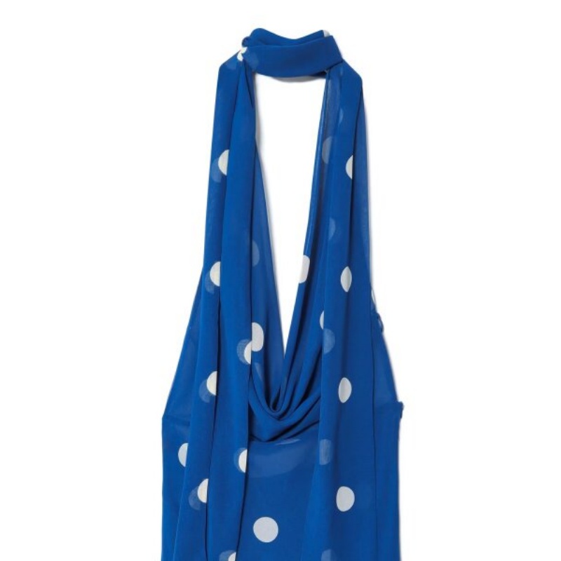 Robe de plage pour femmes, tenue d'été bleue à pois, col licou, ceinture, longueur cheville, coupe ajustée, tenue de vacances