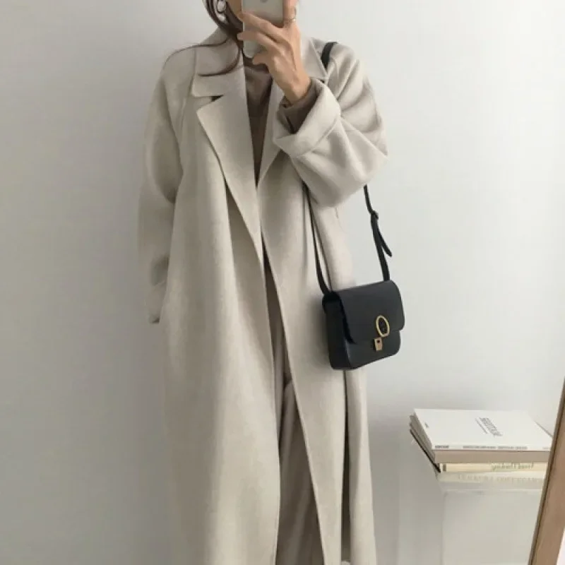 Manteaux longs en laine pour femmes, taille Midi, ceinture à lacets, mélange d'épissure, Cardigan à manches longues, solide, épais, chaud, vestes droites pour l'hiver