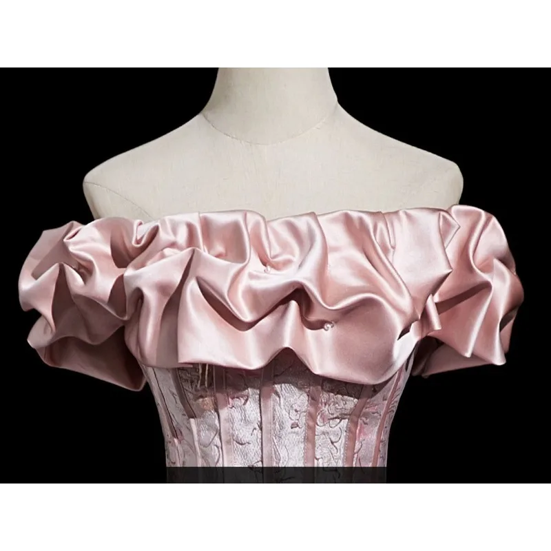 Robe de bal Lolita rose élégante, épaules dénudées, col à volants, robe florale en Jacquard, robe de soirée formelle de bal de thé, robe victorienne