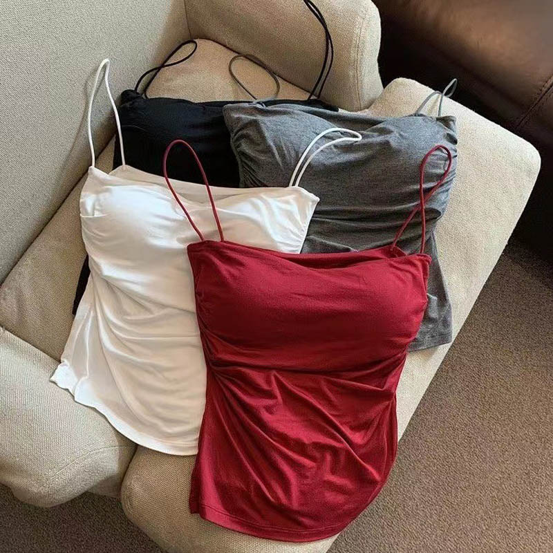 Camisoles d'été débardeurs femmes avec soutien-gorge intégré sangle réservoirs gilet sans manches t-shirts haut court couleur unie haut décontracté