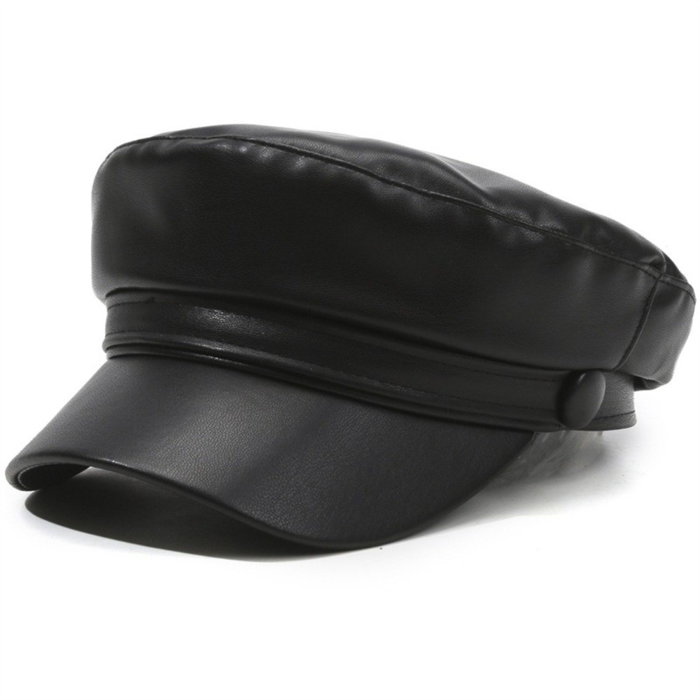 Béret rétro à dessus plat en cuir PU, visière de marin réglable, chapeau de peintre noir de Style Punk