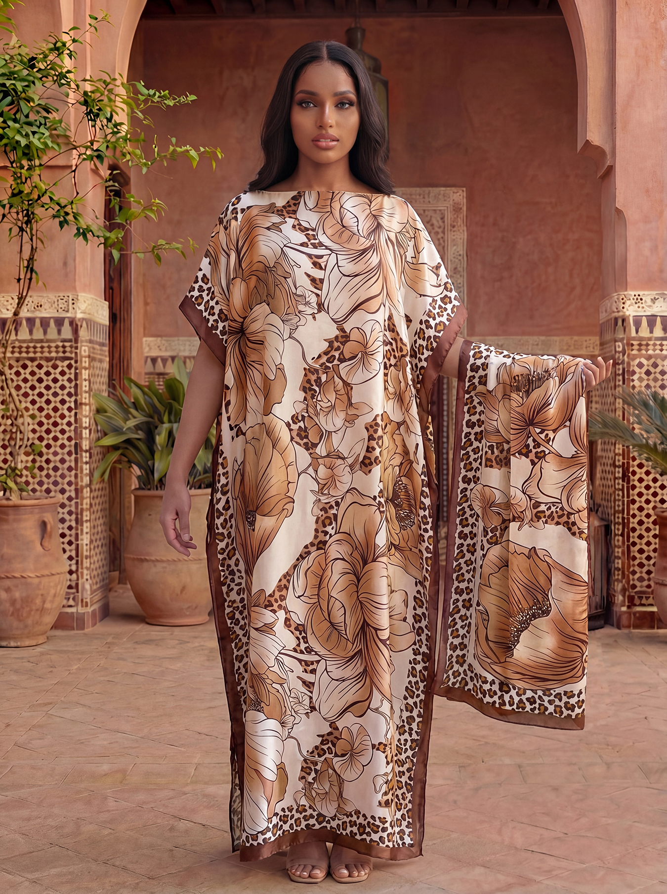 Abaya en satin à imprimé floral léopard avec foulard, kaftan maxi ample pour femmes musulmanes, tenue de plage estivale