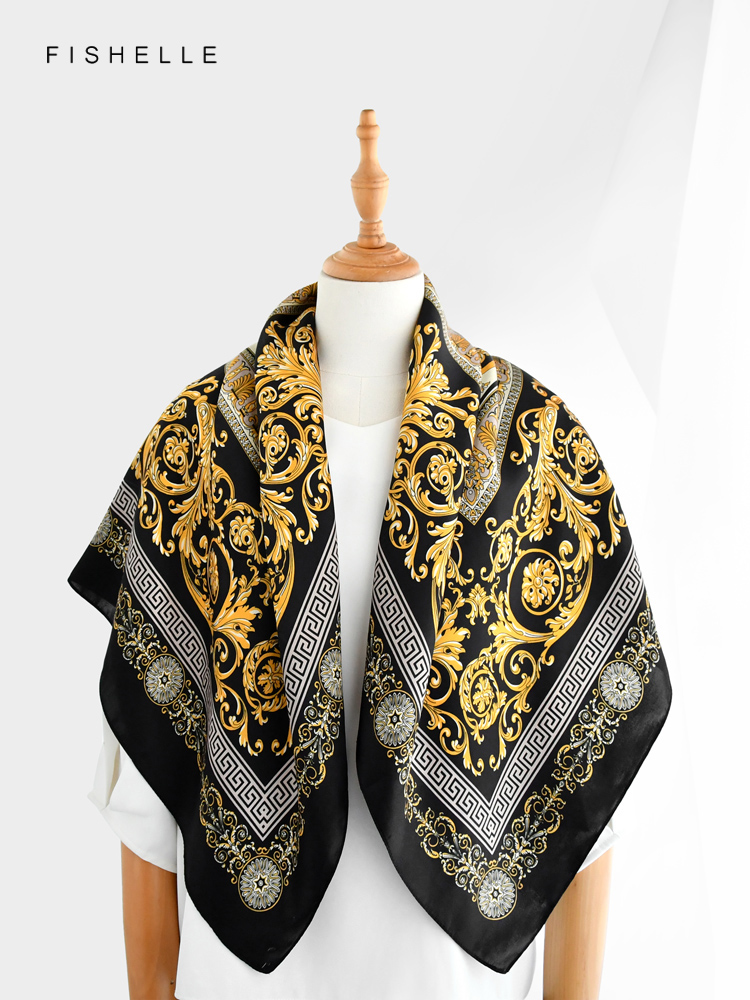 Motifs exquis noir et doré 100% foulard en soie naturelle bandeau cadeau de luxe foulard pour femme bandana hijab châle 90 cm foulard