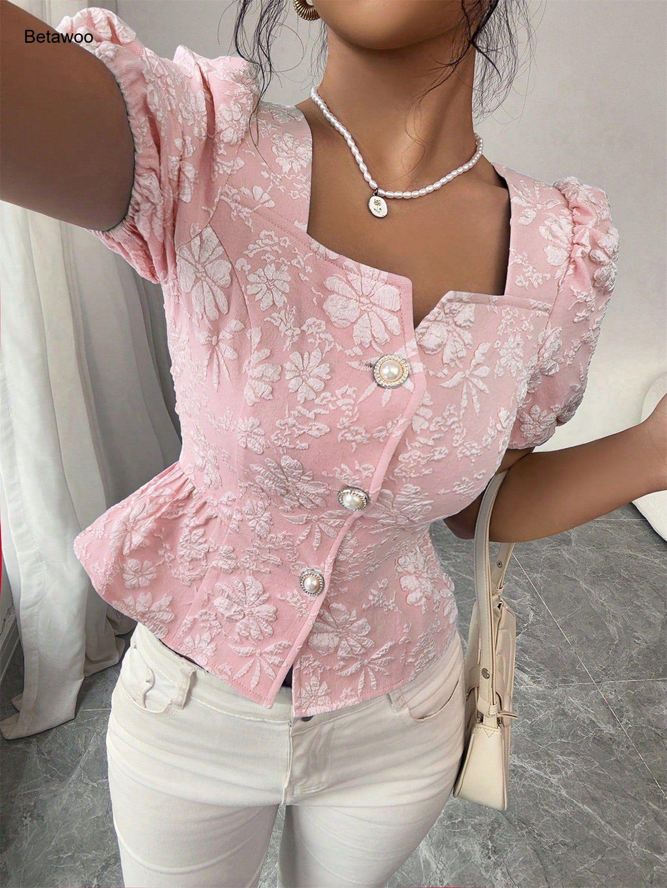 Chemisier rose à col carré, manches bouffantes, peplum, broderie florale, boutonné, pour femme