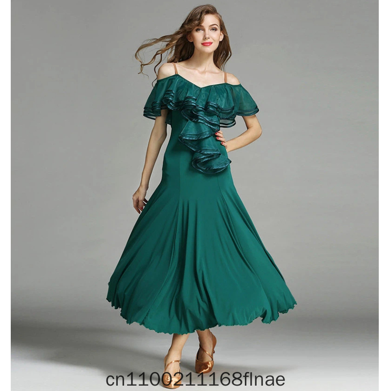 Robe de danse moderne MY758, robe de danse standard nationale, luxueuse, avec grand volant en forme de feuille de lotus, pour spectacle sur scène féminin