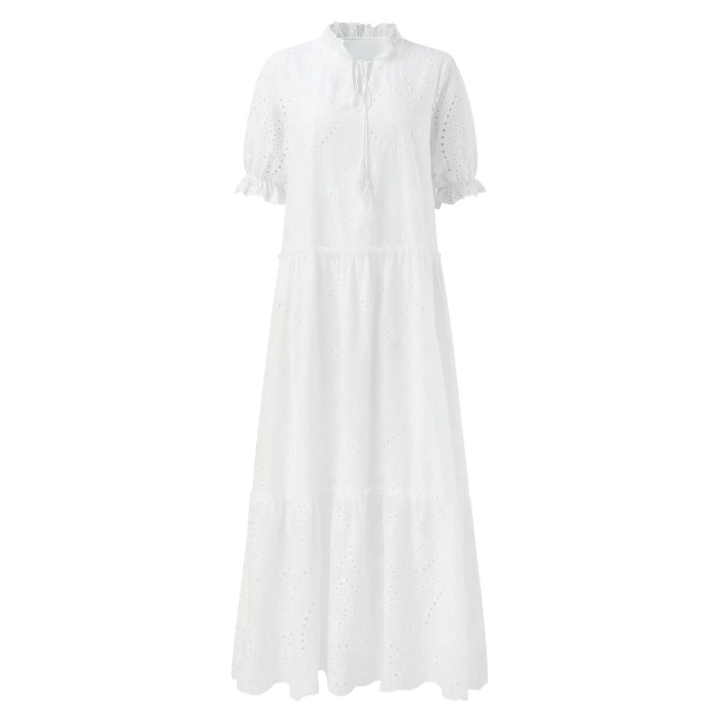 Robe d'été en coton blanc pour femmes, décontractée, creuse, Crochet, bohème, ample, plage, longue, grande taille, robe de vacances à volants