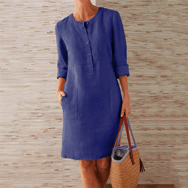 Femmes confortable décontracté coton lin robes 2025 automne couleur unie poches latérales robe femme O cou pull à manches longues robe