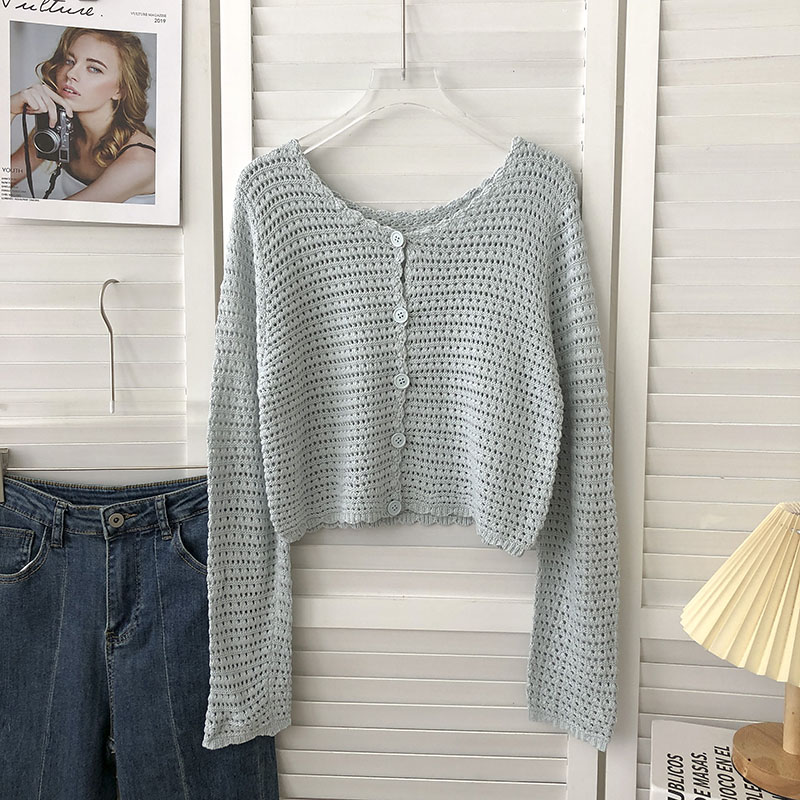 Cardigan en Crochet pour femmes, tricot ajouré transparent, manches longues, boutonné, haut court, haussement d'épaules pour adolescentes, tenue d'automne et de printemps Y2K
