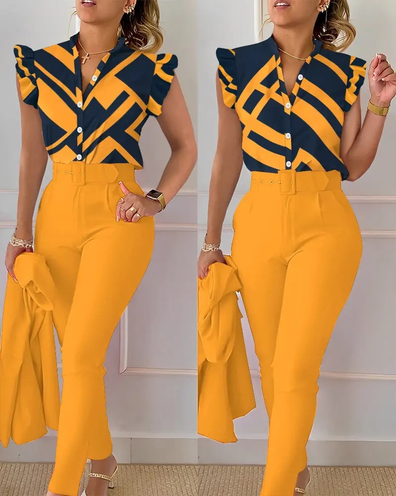 Été femmes africaines à manches courtes col en v Polyester 2 pièces haut pantalon Long impression ensembles assortis Dashiki vêtements africains