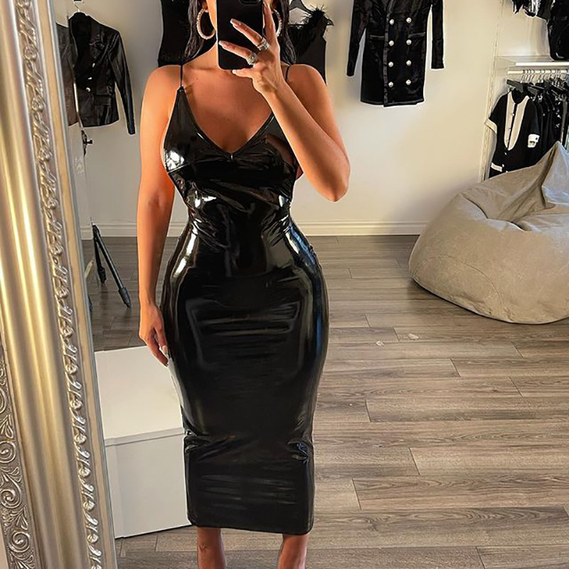 Robe de Soirée Sexy en Latex et Cuir pour Femme, Col en V, Bretelles Spaghetti, Dos aux, Personnalisée