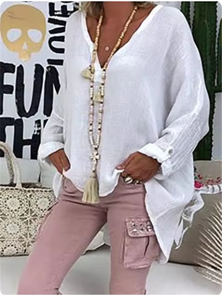Chemise ample décontractée pour femmes, mode couleur unie, haut confortable, col en v, manches longues, chemisier léger, printemps automne
