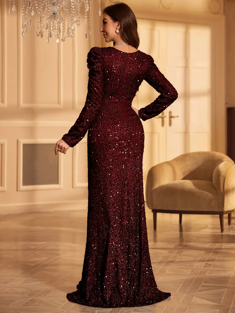 Robe de soirée élégante à manches longues et col en V pour femme – Parfaite pour les mariages, les anniversaires et les fêtes