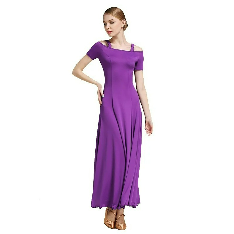 Robe de danse longue pour femme, à bretelles, manches courtes, jupe midi, pour Salsa, Danse Standard, Danse Moderne, Danse Swing, Spectacle, Soirée et Fête