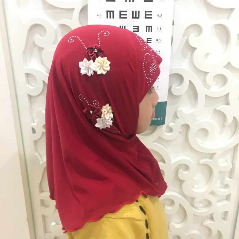 H075 belle petite fille Al amira hijab avec des fleurs faites à la main s'adapte aux enfants de 2 à 6 ans tirer sur écharpe islamique enveloppement de tête